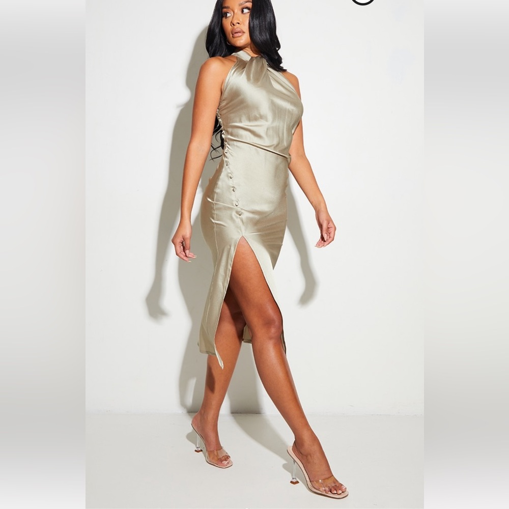 Sage Green Twist Neck Button Detail Satin Midi Dress